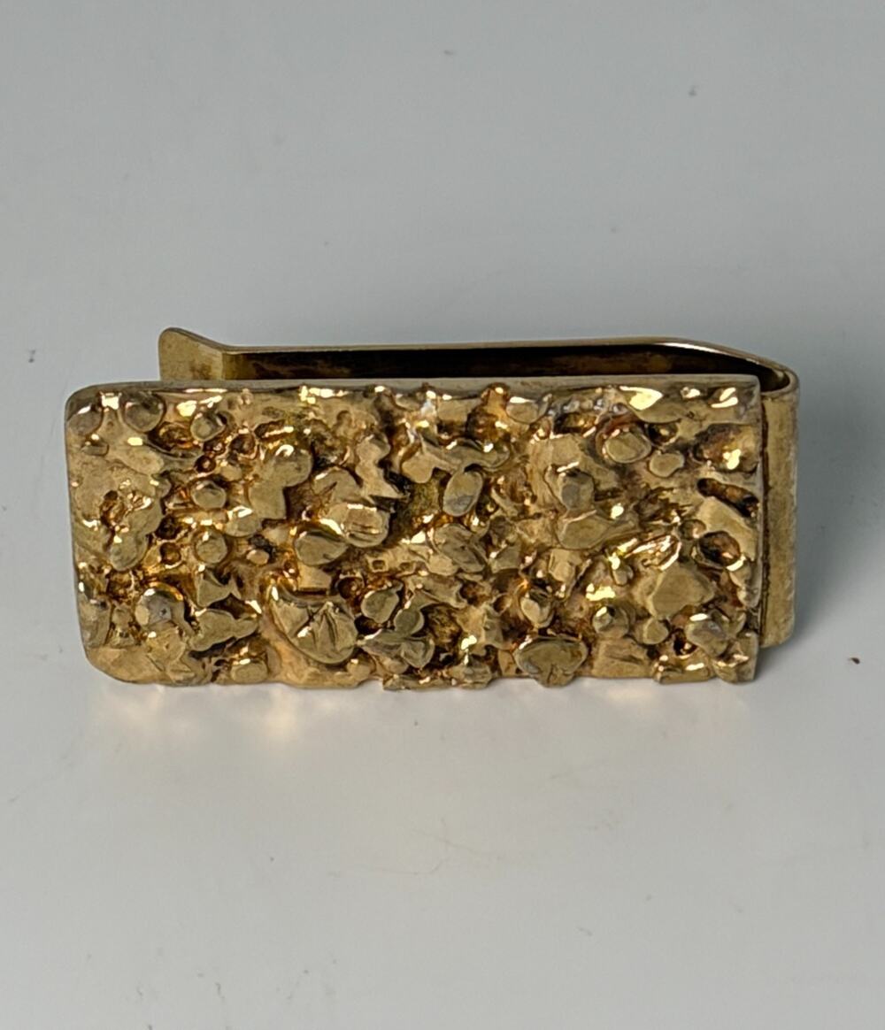 Gold Tone Nugget Brass Money Clip Textured Metal Vintage Design 1.75" L x 7/8" W